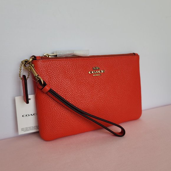 COACH Small Wristlet in Polished Pebbled Leather -Red Orange - Picture 4 of 16